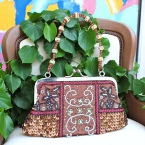 Handbeaded Sequin Kiss Lock Mini Purse Beaded Handle Floral Embellished Handbag